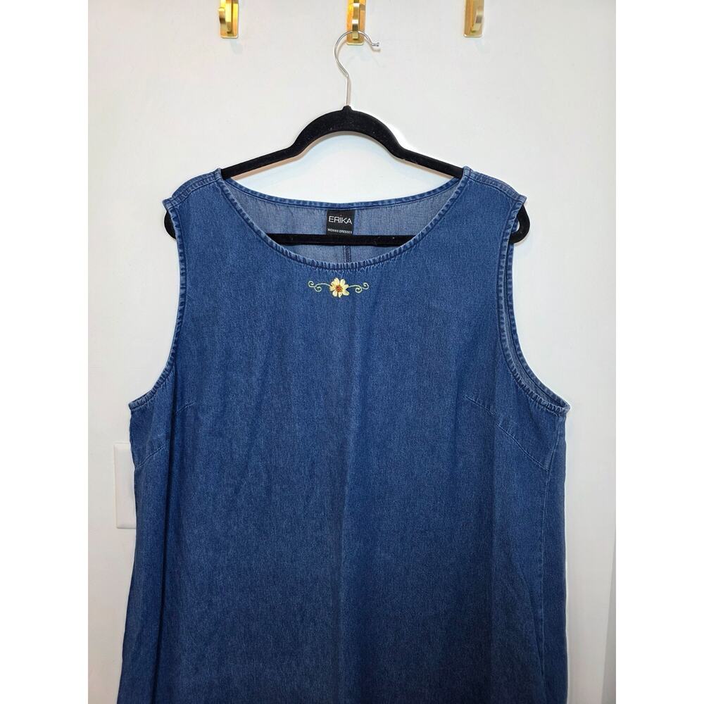 VTG Denim Jumper Dress Sz XL Embroidered Flowers Teacher Countrycore - Picture 3 of 10